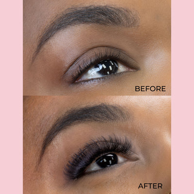 Model before and after using the Camellia x Wispy Promade fans loose 9D 0.05 Clear Case Over White Background