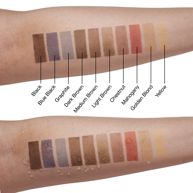 Noemi Hybrid Lash Dye, color swatches on an arm, featuring various shades from Black to Yellow.