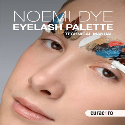 Noemi Dye Eyelash Palette Technical Manual cover featuring a close-up of a model's face with colorful paint on their eyebrows.