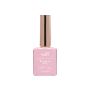 LLBA Paparazzi Pink Gel Polish bottle with a pink design and gold cap on a light background.