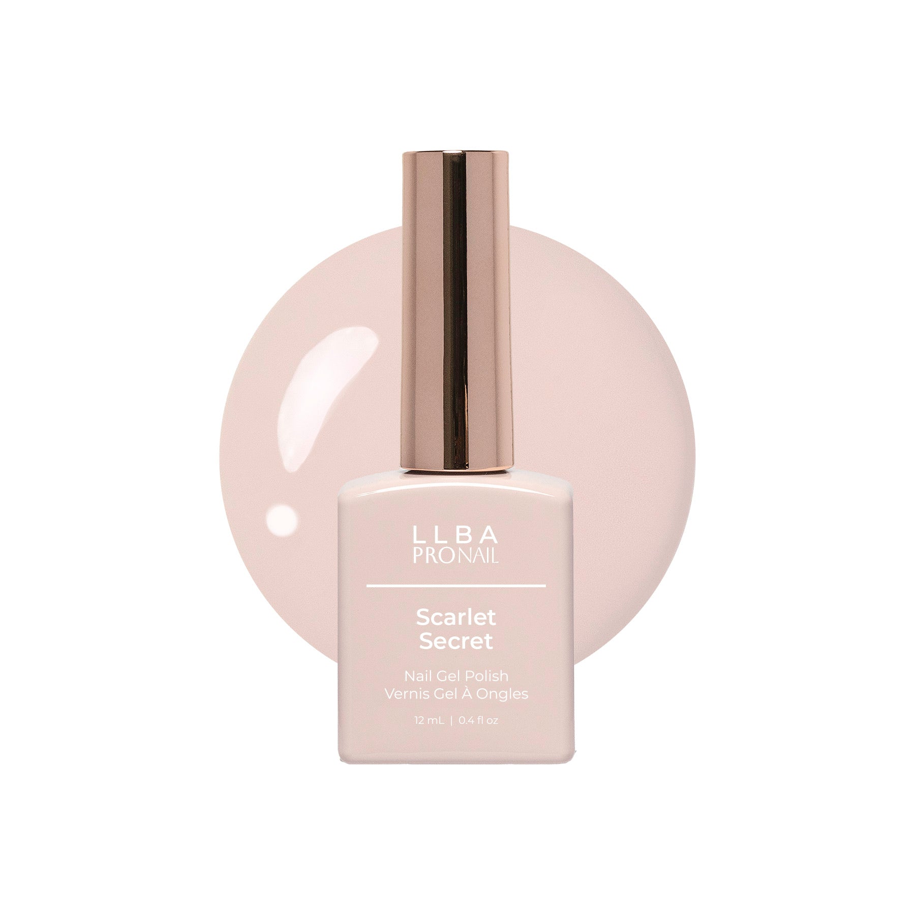 LLBA Scarlet Secret Gel Polish bottle with a white background and a glossy paint blob.