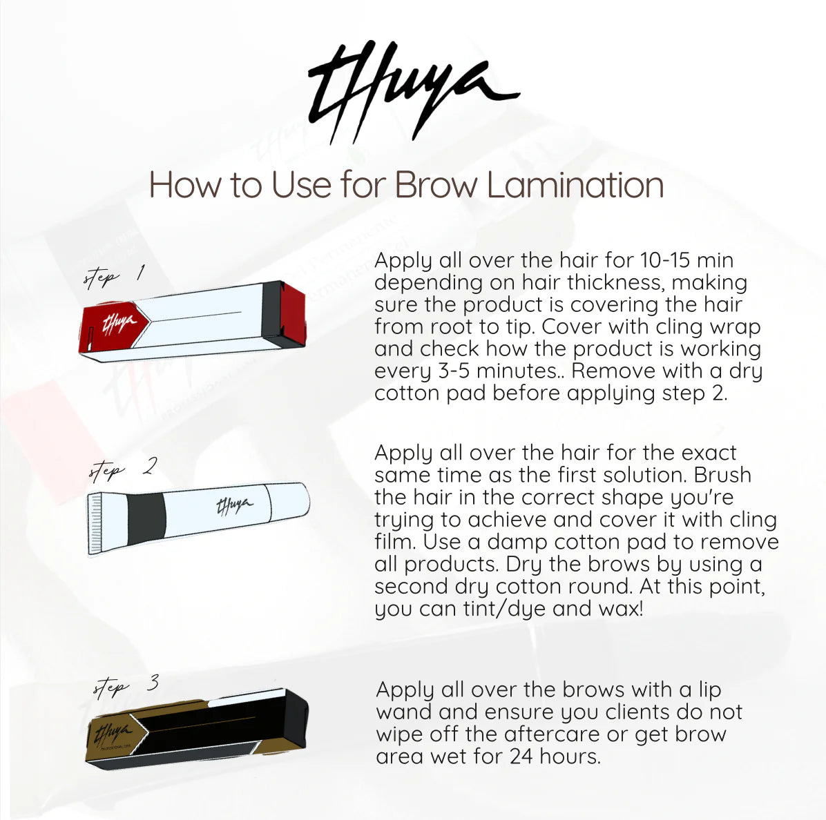 Instructional guide for using Thuya products for brow lamination, detailing steps 1 to 3 with product illustrations for optimal results.