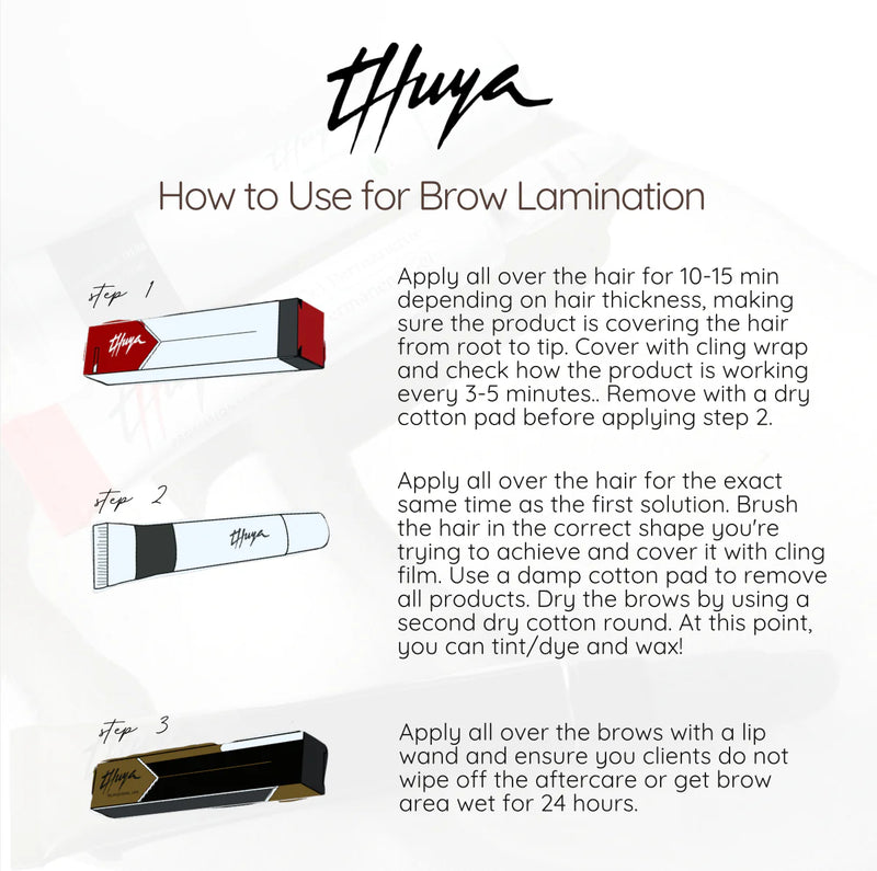 Instructional guide for using Thuya products for brow lamination, detailing steps 1 to 3 with product illustrations for optimal results.