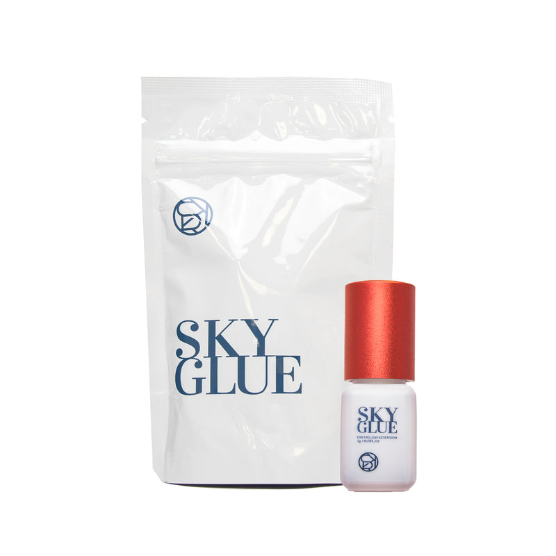 Sky Glue for eyelash extensions and packaging displayed in the background