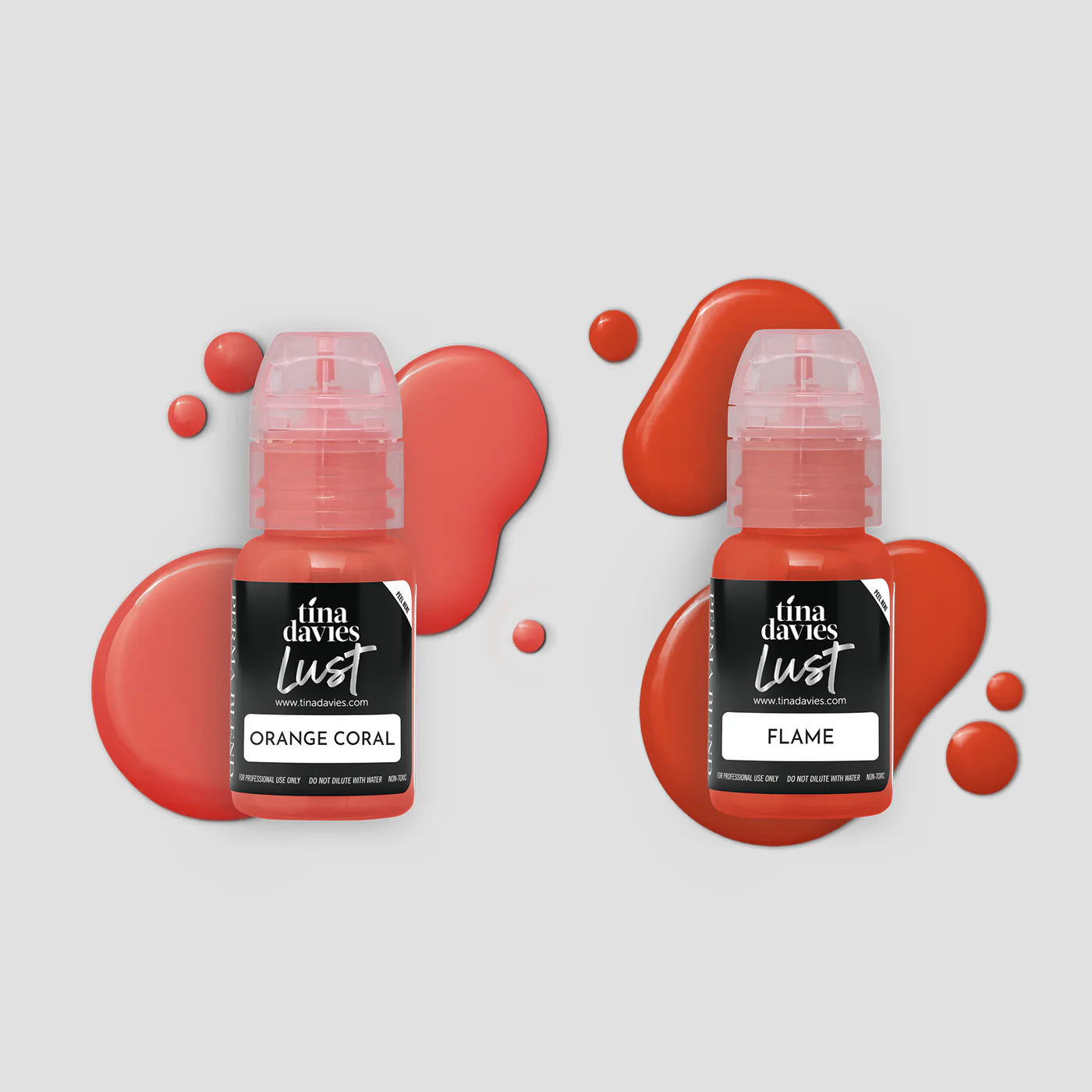 Tina Davies Lust lip pigments in "Orange Coral" and "Flame" with matching pigment spills on a light background.