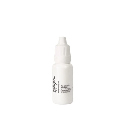 A small white bottle with a pointed cap and minimalist design, labeled as "Pre-smoothing of eyebrows" from Thuya Professional Line.