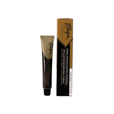 Thuya Eyelash Regenerating Cream with argan oil, in elegant black and gold packaging, designed for lash nourishment and repair.