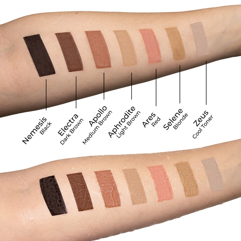 brow tint colour palette displayed on hands