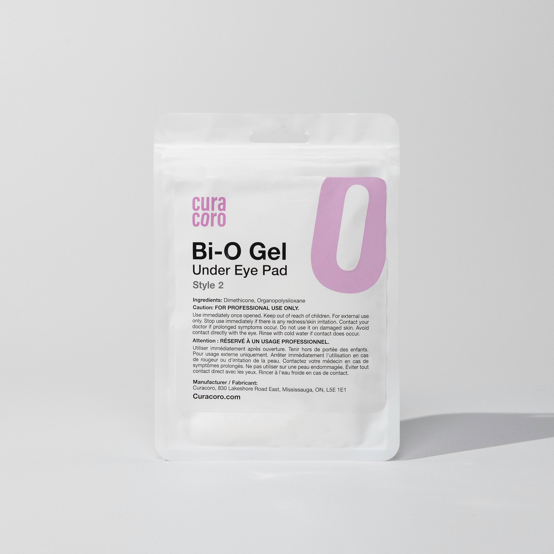 Under-eye gel pad package with "Curacoro Bi-O Gel style 2" text on a grey background.