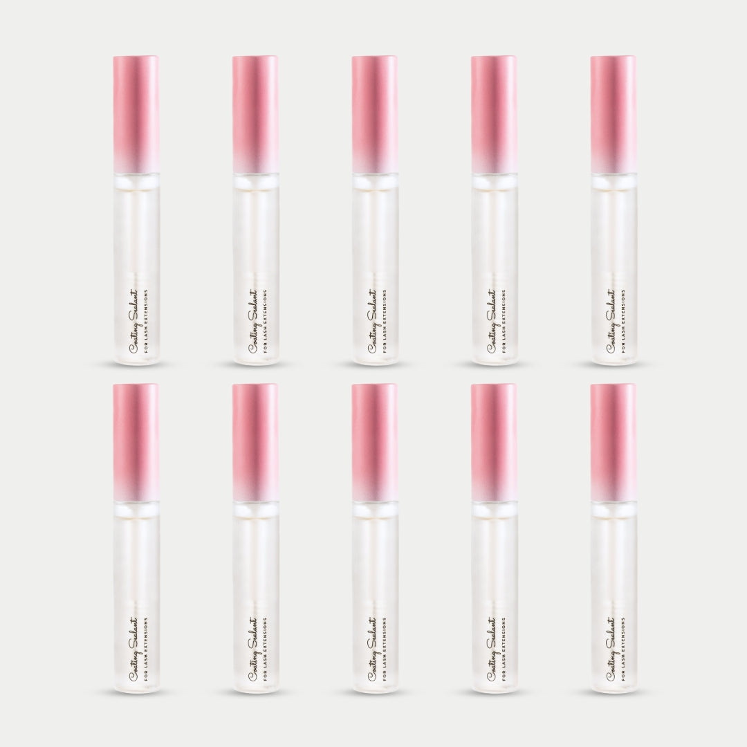 ten bottles of Curacoro Coating Sealant for lash extensions, featuring a sleek design with a gradient pink cap.