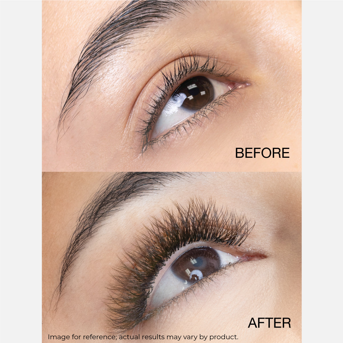Before and after images showcasing natural lashes versus full, voluminous eyelash extensions.