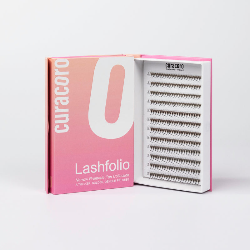 Lashfolio in front of a white background with an open case.