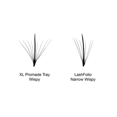 Comparison of a Lashfolio Wispy Spike fan and a XL Promade Tray Wispy fan.