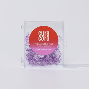 Curacoro Promade Loose Fans in purple, 5D 0.07 lashes, displayed in a clear compact case with a branded label.