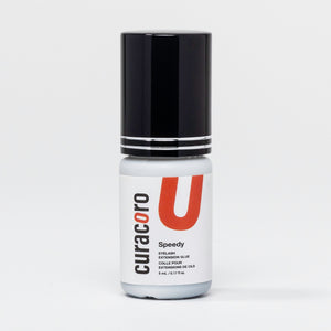 Curacoro Speedy Eyelash Extension Glue, 5 mL, in a white bottle on a white background. 