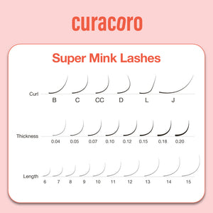 Super Mink lashes chart with Curl, Thickness and Length sizes.