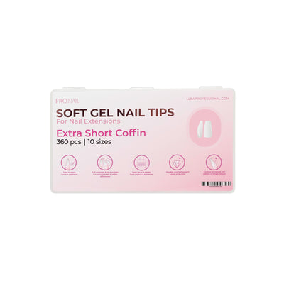 Pack of soft gel nail tips extra short coffin displayed 