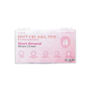 Curacoro Short Almond Soft Gel Nail Tips packaging with 360 pieces in 10 sizes for nail extensions, featuring a light pink design.