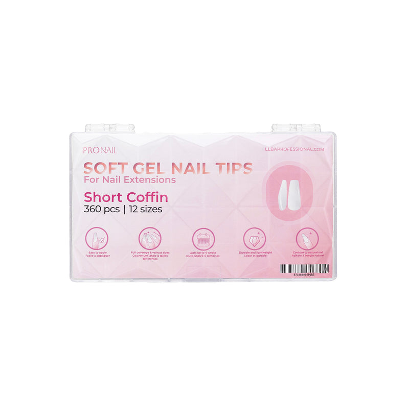 Pack of soft gel nail tips short coffin displayed 