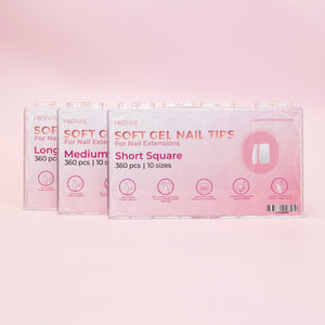 Soft gel nail tips packaging lineup featuring short, medium, and long square designs on a pink background.