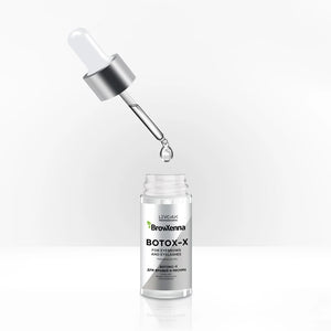 Opened Botox-X bottle with dropper and a drop of the product falling back into the bottle