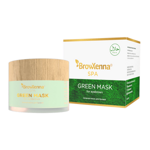 BrowXenna®, Green mask for eyebrows, 15 ml bottle and package displayed 