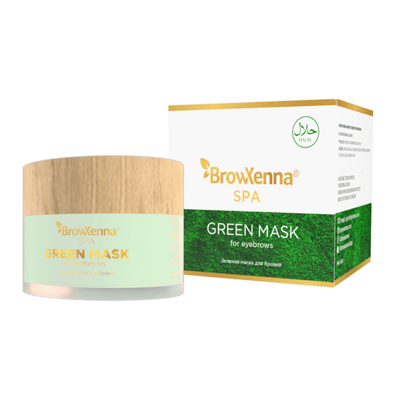 BrowXenna®, Green mask for eyebrows, 15 ml bottle and package displayed 