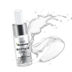 BrowXenna® Botox-X bottle for lashes and brows with product splash background