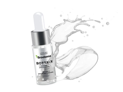 BrowXenna® Botox-X bottle for lashes and brows with product splash background