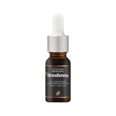 BrowXenna® Oil for eyelash and eyebrow growth, 10 ml bottle displayed