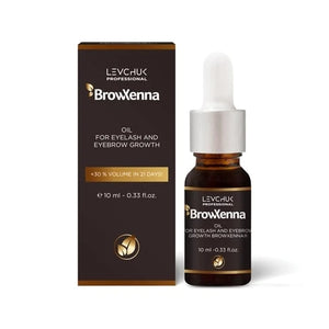 BrowXenna® Oil for eyelash and eyebrow growth, 10 ml bottle and packaging displayed