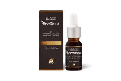 BrowXenna® Oil for eyelash and eyebrow growth, 10 ml bottle and packaging displayed