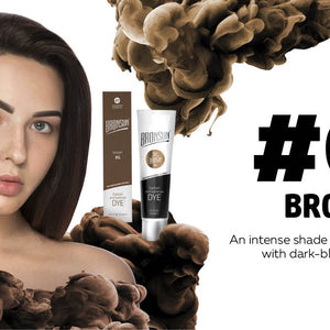 Bronsun Brow and Lash Dye - Brown infographic with product and model 