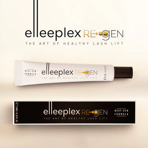 Lash lift cream tube and packaging on a beige background with brand name