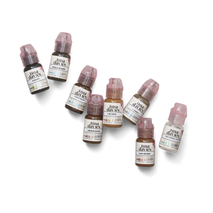 Pre-Mixed Pigments brow collection bottles displayed