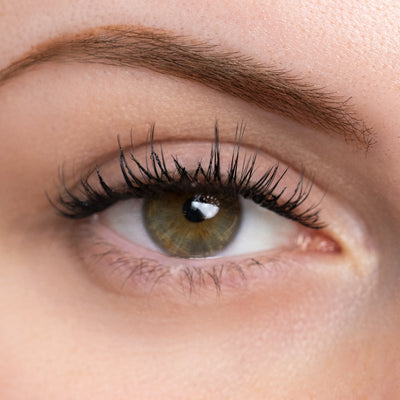 Close-up of an eye with natural-looking eyelash extensions, featuring subtle length and volume for an everyday look.