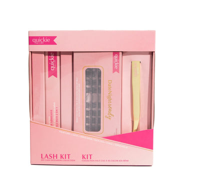 Pink lash kit packaging featuring DIY lash extensions, adhesive, and a gold applicator, branded with 'Quickie by LLBA' and labeled.