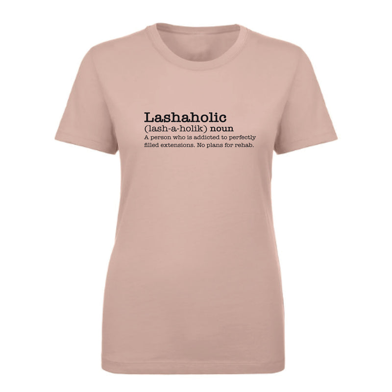 Lashaholic T-Shirt colour pink in front of a white background.