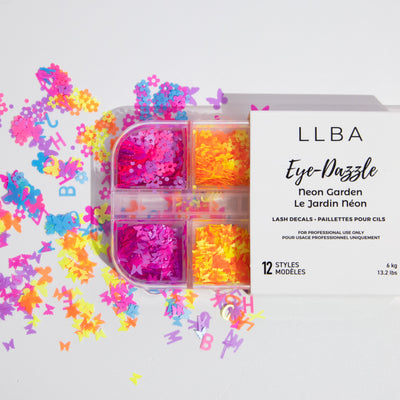 LLBA Eye-Dazzle Neon Garden lash decals in vibrant neon colors, featuring 12 unique styles for professional use, scattered on a white background.