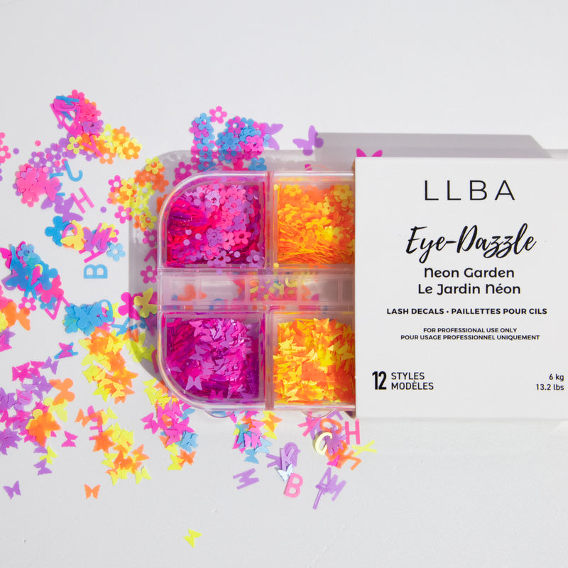 LLBA Eye-Dazzle Neon Garden lash decals in vibrant neon colors, featuring 12 unique styles for professional use, scattered on a white background.