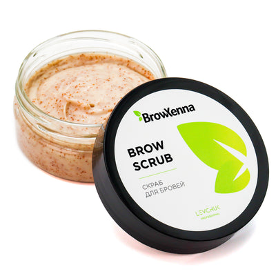 BrowXenna® Brow Scrub bottle with open lid, showing product inside