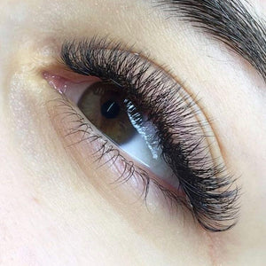 Close-up of an eye with full, voluminous eyelash extensions, showcasing professional lash application.
