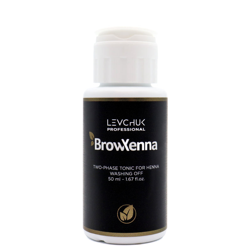 BrowXenna® Brow henna Two-Phase Tonic for Henna Rinsing, 50ml bottle on white background displayed 